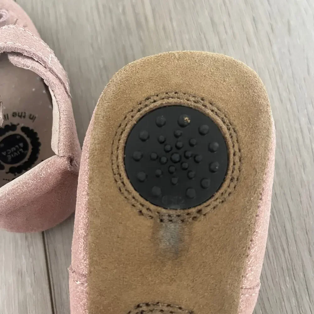 Livie & Luca 'Willow' Fringe Moccasin Mary Jane Suede Pink Shoe 6-12 MTH